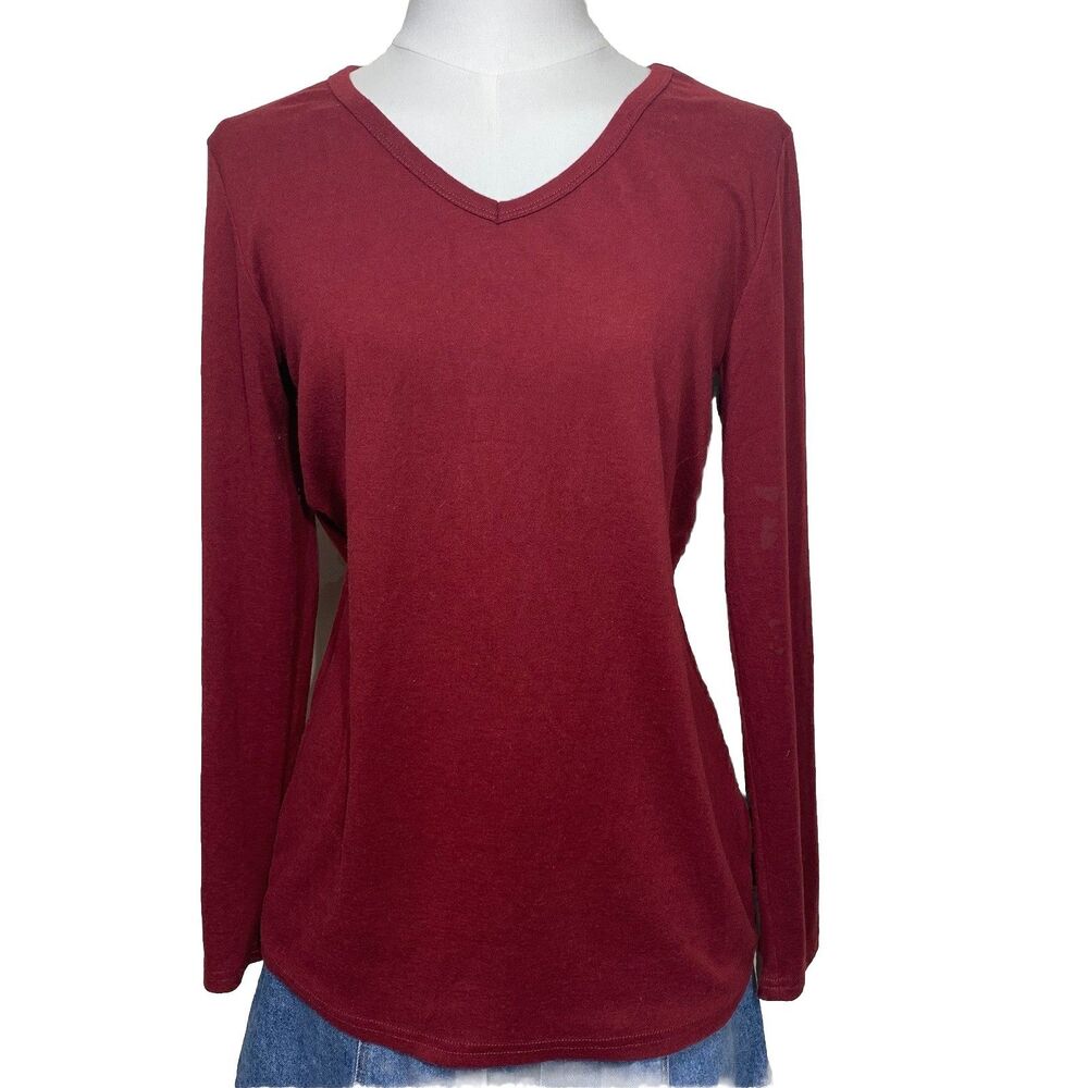 Yidarton V-Neck‎ Top Womens Small Burgundy Long Sleeve Curved Hem Solid Tee